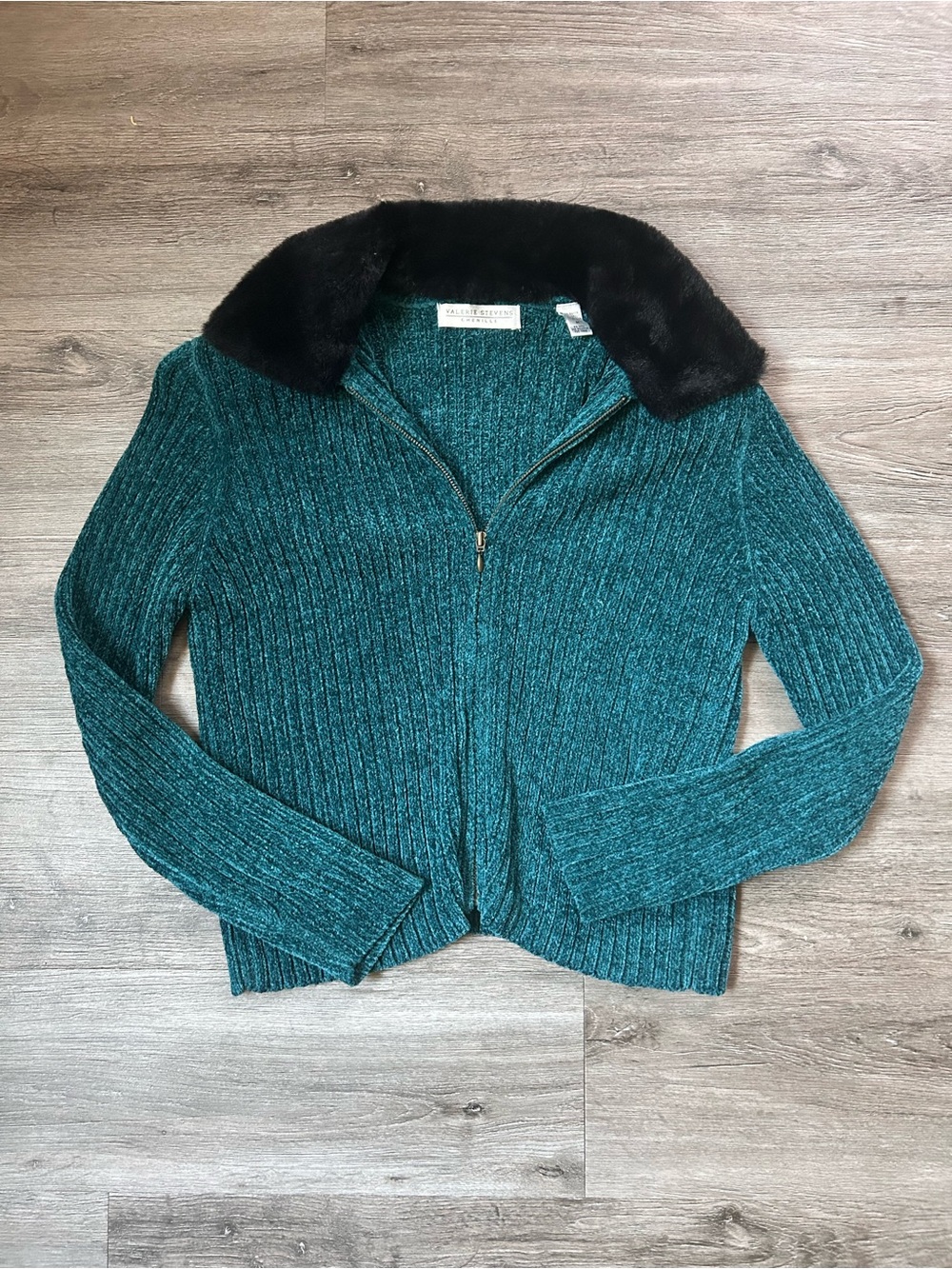 Vintage Teal Chenille Cardigan Faux Fur Removable Collar Valerie Stevens Size M